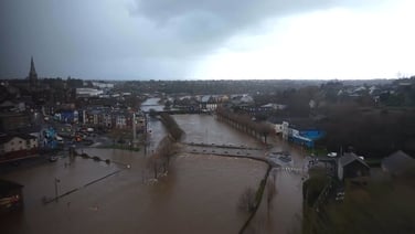 Drone footage shows extent of flooding in Enniscorthy as the River Slane has burst its banks