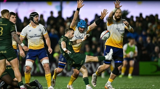 24 January 2026; Caolin Blade of Connacht is put under pressure by Will Connors, centre, and RG Snyman of Leinster, right, during the United Rugby Championship match between Connacht and Leinster at Dexcom Stadium in Galway. Photo by Sam Barnes/Sportsfile