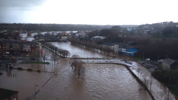 An aerial view of Enniscorthy, Co Wexford showing severe flooding