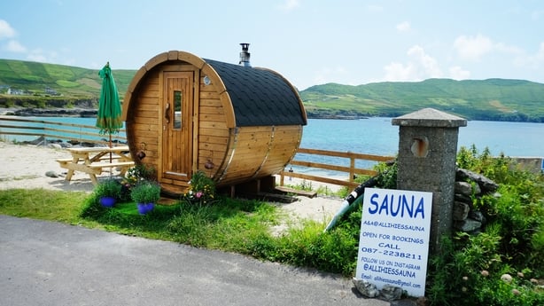 mobile wooden sauna overlooking the beach at Allihies, County Cork, Ireland