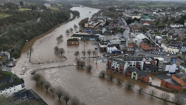 An aerial view of Enniscorthy, Co Wexford after the River Slaney bursts its banks due to Storm Chandra