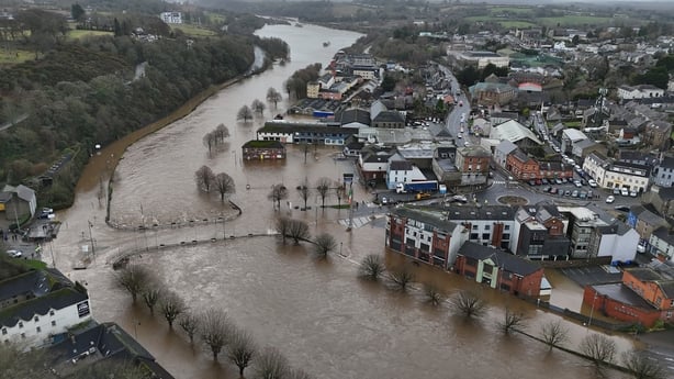 An aerial view of Enniscorthy, Co Wexford after the River Slaney bursts its banks due to Storm Chandra
