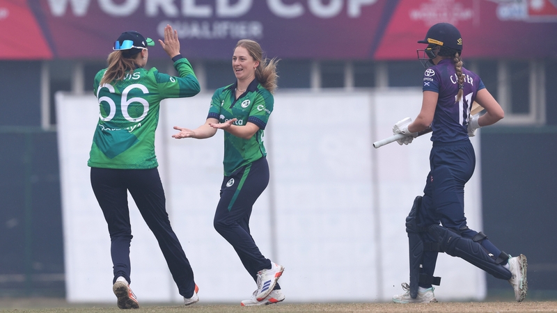 KATHMANDU, NEPAL - JANUARY 28: Alana Dalzell of Ireland celebrates with Gabby Lewis of Ireland after dismissing Darcey Carter of Scotland during the ICC Women´s T20 World Cup 2026 Qualifier Super Six match between Scotland and Ireland at Tribhuvan Univers