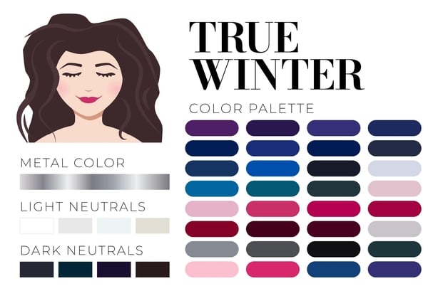 A colour guide for a 'true winter' featuring dark blues, purples and reds