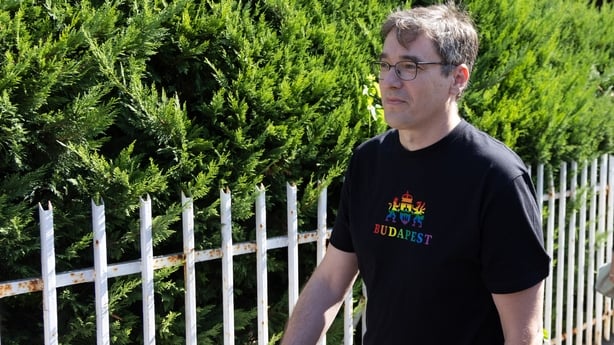 Gergely Karacsony, mayor of Hungary's capital Budapest, wears a pride-themed t-shirt 