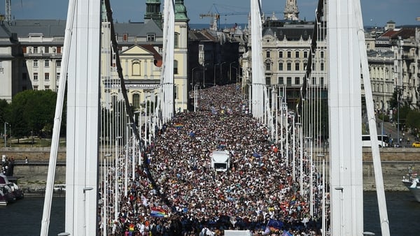 People gather for the 30th Budapest Pride March in Budapest in 2025