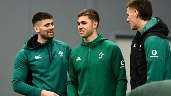 25 January 2026; Harry Byrne, left, Jack Crowley and Sam Prendergast during the Ireland team assembly day at the IRFU High Performance Centre in Dublin ahead of the 2026 Guinness Six Nations Rugby Championship. Photo by Brendan Moran/Sportsfile