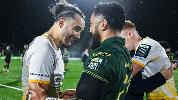 24 January 2026; James Lowe of Leinster, left, and Bundee Aki of Connacht after the United Rugby Championship match between Connacht and Leinster at Dexcom Stadium in Galway. Photo by Brendan Moran/Sportsfile