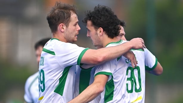 3 June 2025; Louis Rowe of Ireland, right, celebrates with teammates after scoring their side's first goal during the Men's International Hockey match between Ireland and India at Pembroke Wanderers Hockey Club in Dublin. Photo by Tyler Miller/Sportsfile