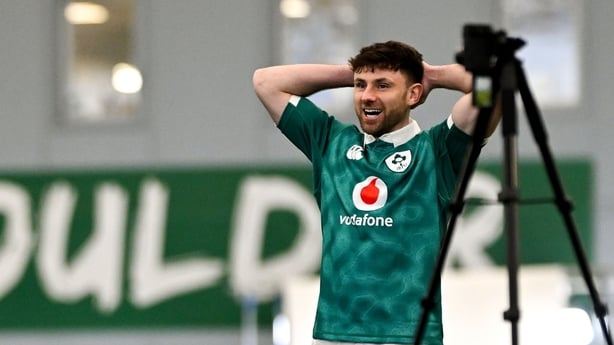 25 January 2026; Michael Milne, left, Tom Farrell and Hugo Keenan during the Ireland team assembly day at the IRFU High Performance Centre in Dublin ahead of the 2026 Guinness Six Nations Rugby Championship. Photo by Brendan Moran/Sportsfile