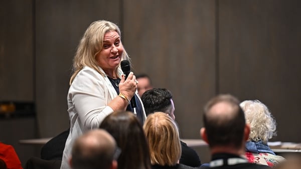 5 December 2024; Olympic Federation of Ireland board member and Rowing Ireland Chief Executive Michelle Carpenter speaking during the Olympic Federation of Ireland EGM 2024 at the Clayton Hotel in Dublin. Photo by Sam Barnes/Sportsfile