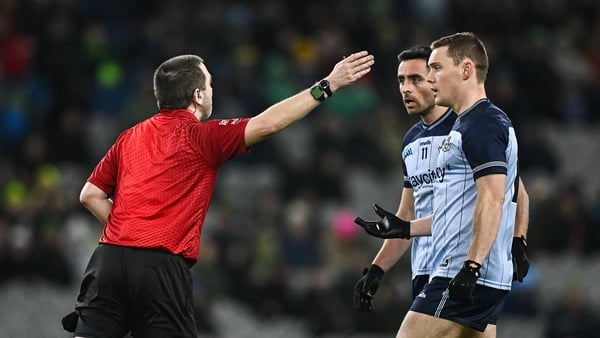 24 January 2026; Dublin players Con O’Callaghan and Niall Scully remonstrate with referee Noel Mooney during the Allianz Football League Division 1 match between Dublin and Donegal at Croke Park in Dublin. Photo by Seb Daly/Sportsfile