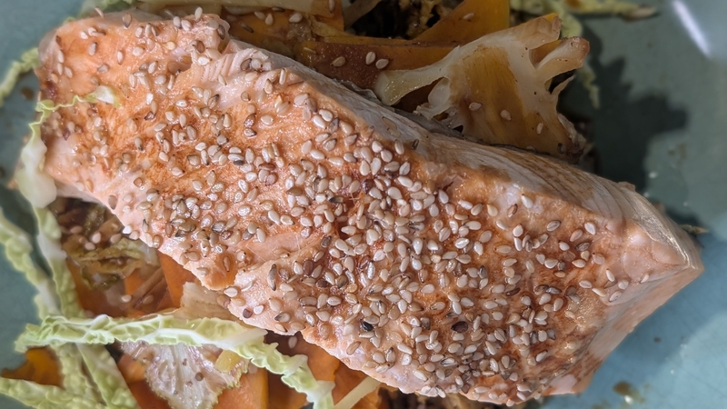 Paul Flynn's steamed salmon with soy, garlic, and ginger veg