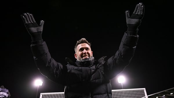 Shamrock Rovers manager Stephen Bradley celebrates after the UEFA Conference League 2025/26 league phase match between Shamrock Rovers and Hamrun Spartans at Tallaght Stadium in Dublin.