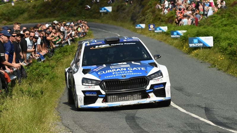 21 June 2025; Callum Devine and Noel O'Sullivan compete in their Skoda Fabia RS during day two of the Wilton Recycling Donegal International Rally at Letterkenny in Donegal. Photo by Philip Fitzpatrick/Sportsfile