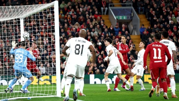 Alexis Mac Allister of Liverpool scores his team's first goal during the UEFA Champions League 2025/26 League Phase MD8 match between Liverpool FC and Qarabag FK at Anfield on January 28, 2026 in Liverpool, England.