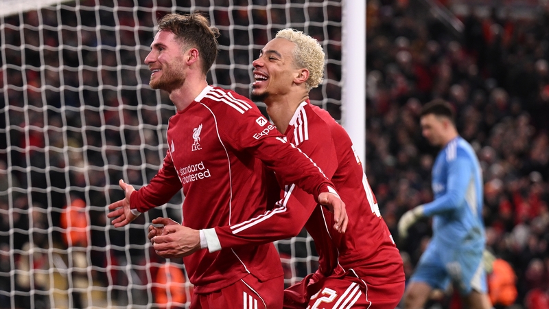 LIVERPOOL, ENGLAND - JANUARY 28: : (THE SUN OUT, THE SUN ON SUNDAY OUT) Alexis Mac Allister of Liverpool celebrates with teammate Hugo Ekitike after scoring his team's fifth goal during the UEFA Champions League 2025/26 League Phase MD8 match between Live