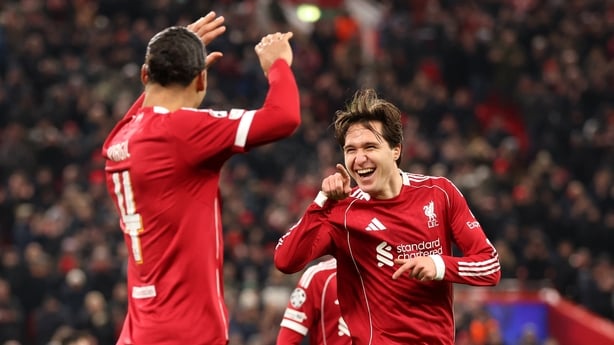 LIVERPOOL, ENGLAND - JANUARY 28: : (THE SUN OUT, THE SUN ON SUNDAY OUT) Federico Chiesa of Liverpool celebrates scoring his team's sixth goal during the UEFA Champions League 2025/26 League Phase MD8 match between Liverpool FC and Qarabag FK at Anfield on January 28, 2026 in Liverpool, England. (Pho