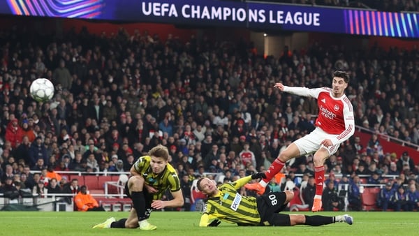 Kai Havertz of Arsenal scores their 2nd goal during the UEFA Champions League 2025/26 League Phase MD8 match between Arsenal FC and FC Kairat Almaty at Arsenal Stadium on January 28, 2026 in London, England. (Photo by Charlotte Wilson/Offside/Offside via