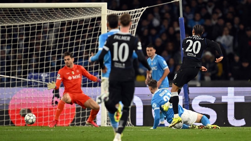 Joao Pedro of Chelsea scores his team's third goal during the UEFA Champions League 2025/26 League Phase MD8 match between SSC Napoli and Chelsea FC at Stadio Diego Armando Maradona on January 28, 2026 in Naples, Italy. (Photo by Tullio M. Puglia/Getty Im