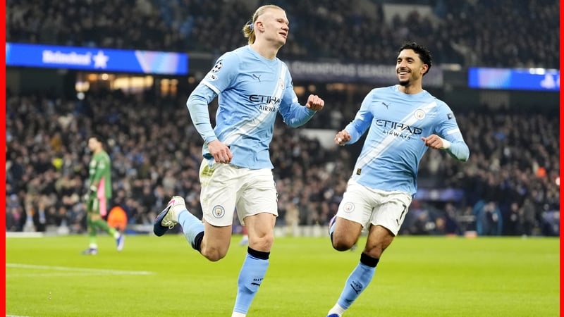 Manchester City's Erling Haaland (left) celebrates scoring his side's first goal of the game with team-mate Omar Marmoush during the UEFA Champions League, league phase match at the Etihad Stadium, Manchester. Picture date: Wednesday January 28, 2026.