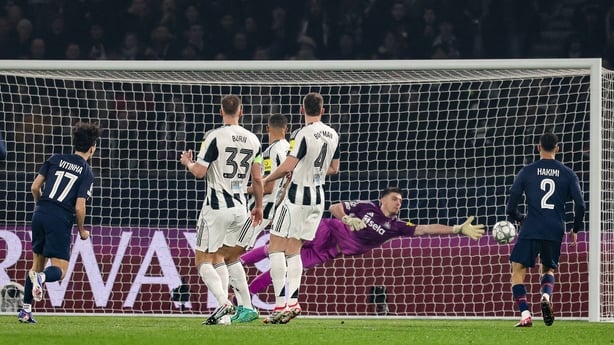 Paris Saint-Germain's Portuguese midfielder #17 Vitinha (L) shoots and scores the opening goal during the UEFA Champions League - League phase, Matchday 8 - football match between Paris Saint-Germain (PSG) and Newcastle United FC at the Parc des Princes stadium in Paris on January 28, 2026. 