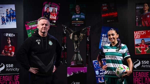 Shamrock Rovers head coach James O'Callaghan and Ella Kelly during the SSE Airtricity Men’s Premier Division, SSE Airtricity Men’s First Division and SSE Airtricity Women’s Premier Division Launch 2026 at Whelan's in Dublin.