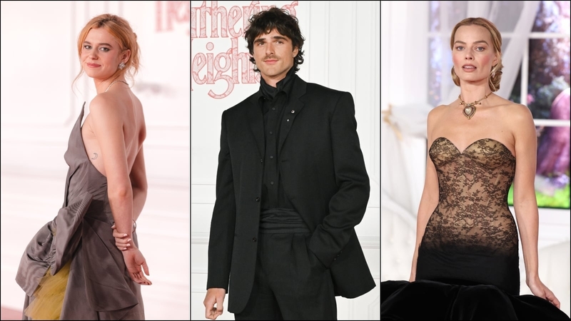 A collage of Alison Oliver, Jacob Elordi and Margot Robbie at the Wuthering Heights world premiere