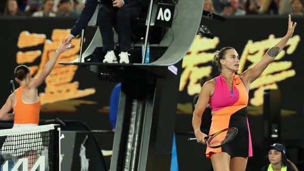 MELBOURNE, AUSTRALIA - JANUARY 29: Elina Svitolina of Ukraine and Aryna Sabalenka decline a post‑match handshake after the Women's Singles Semifinal match during day 12 of the 2026 Australian Open at Melbourne Park on January 29, 2026 in Melbourne, Austra