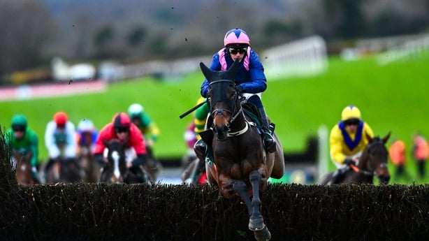  Kopek Des Bordes, with Paul Townend up, centre, jump the last on their way to winning the Pat Sheils Memorial Irish EBF Beginners Chase at Navan - November 2025