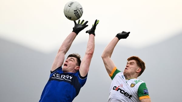 Diarmuid O'Connor of Kerry (L) and Ciarán Moore of Donegal during 2025 Allianz League encounter