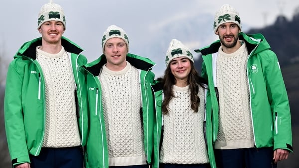 Team Ireland athletes, from left, freestyle half-pipe skiier Ben Lynch, alpine skiiers Cormac Comerford and Anabelle Zurbay and cross-country skiier Thomas Maloney Westgaard during the Milano Cortina 2026 content capture day ahead of the Winter Olympic Ga