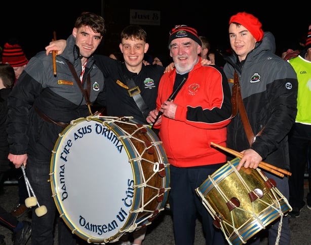 Tom Leo Ó Súilleabháin, Matthew Ó FLaithbheartaigh, Fergus O Flaithbheartaigh (Leader of the Fife and Drum) and Conor Ó Flannura at the All Ireland celebratory march in Dingle