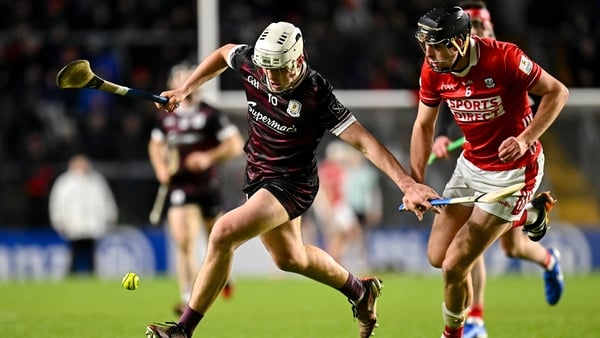 22 March 2025; Rory Burke of Galway in action against Robert Downey of Cork during the Allianz Hurling League Division 1A match between Cork and Galway at SuperValu Páirc Uí Chaoimh in Cork. Photo by Piaras Ó Mídheach/Sportsfile