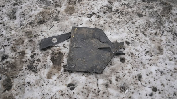 VILNYANSK, ZAPORIZHIA, UKRAINE - JANUARY 29: Drone parts are seen on the ground following Russian Shahed drone attack in Vilnyansk, Zaporizhia, Ukraine on January 29, 2026. Three people were killed in the attack: a 62-year-old man and two women aged 26 and 50. Seven private homes were damaged, one o