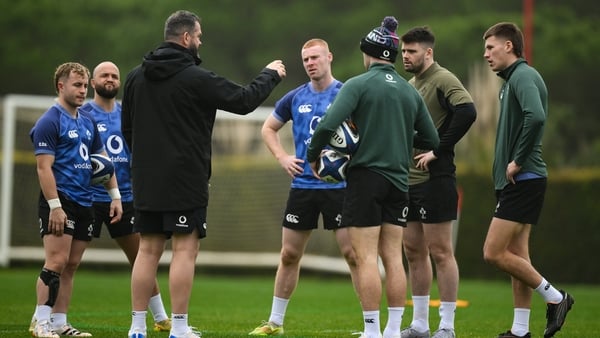 29 January 2026; Ireland head coach Andy Farrell speaks to his half-backs, from left, Craig Casey, Jamison Gibson-Park, Nathan Doak, Jack Crowley, Harry Byrne and Sam Prendergast during an Ireland Rugby squad training session at The Campus in Quinta do La