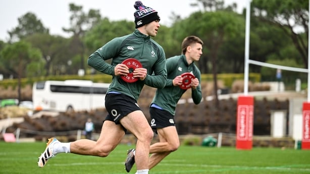 29 January 2026; Jack Crowley, left, and Sam Prendergast during an Ireland Rugby squad training session at The Campus in Quinta do Lago, Portugal. Photo by Brendan Moran/Sportsfile