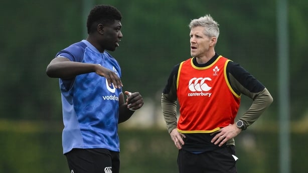 29 January 2026; Edwin Edogbo, left, and assistant coach Simon Easterby during an Ireland Rugby squad training session at The Campus in Quinta do Lago, Portugal. Photo by Brendan Moran/Sportsfile