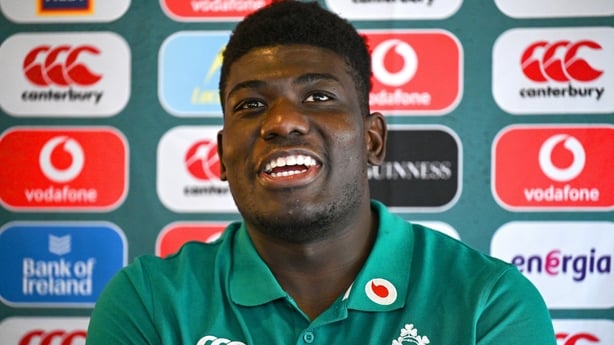 29 January 2026; Edwin Edogbo during an Ireland Rugby media conference at The Campus in Quinta do Lago, Portugal. Photo by Brendan Moran/Sportsfile