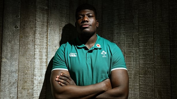 29 January 2026; Edwin Edogbo poses for a portrait after an Ireland Rugby media conference at The Campus in Quinta do Lago, Portugal. Photo by Brendan Moran/Sportsfile