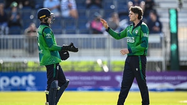 17 September 2025; Ireland bowler Gareth Delany, right, is congratulated by weeketkeeper Lorcan Tucker after taking the wicket of England batter Rehan Ahmed during match one of the T20 International Series between Ireland and England at Malahide Cricket G