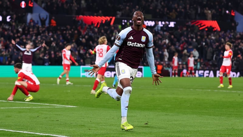 BIRMINGHAM, ENGLAND - JANUARY 29: Jamaldeen Jimoh-Aloba of Aston Villa celebrates scoring his team's third goal during the UEFA Europa League 2025/26 League Phase MD8 match between Aston Villa FC and FC Salzburg at Villa Park on January 29, 2026 in Birmin