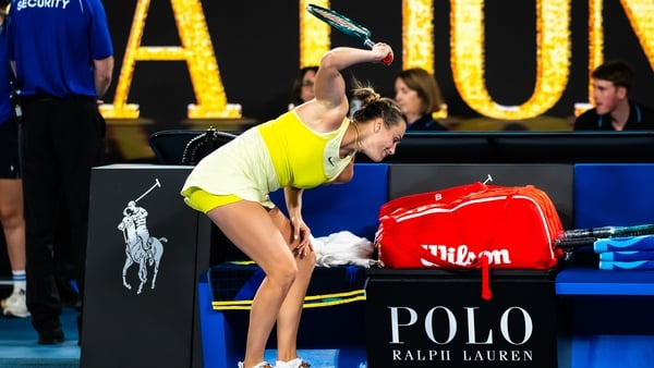 MELBOURNE, AUSTRALIA - JANUARY 25: Aryna Sabalenka of Belarus destroys her racket after losing to Madison Keys of the United States in the womens final on Day 14 of the 2025 Australian Open at Melbourne Park on January 25, 2025 in Melbourne, Australia (Ph