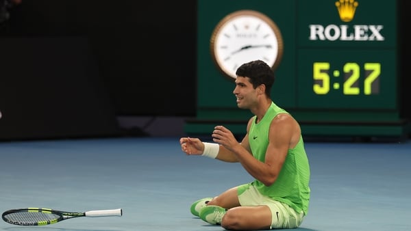 MELBOURNE, AUSTRALIA - JANUARY 30: Carlos Alcaraz of Spain celebrates his victory in the Men's Singles Semifinal match against Alexander Zverev of Germany during day 13 of the 2026 Australian Open at Melbourne Park on January 30, 2026 in Melbourne, Austra