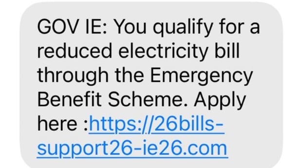 Screenshot of electricity scam text message along with a fraudulent link