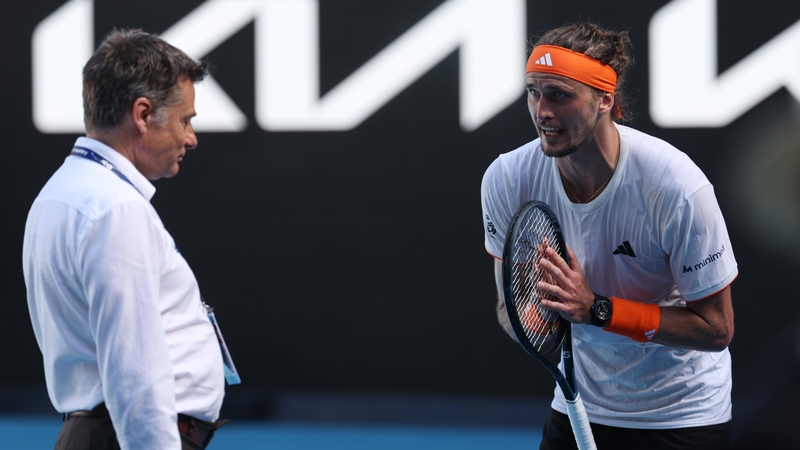 MELBOURNE, AUSTRALIA - JANUARY 30: Alexander Zverev of Germany talks to the Grand Slam Supervisor Andreas Egli in the Men's Singles Semifinal match against Carlos Alcaraz of Spain during day 13 of the 2026 Australian Open at Melbourne Park on January 30,