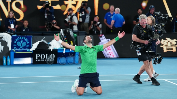 MELBOURNE, AUSTRALIA - JANUARY 30: Novak Djokovic of Serbia celebrates his victory against Jannik Sinner of Italy in the Men's Singles Semifinal match during day 13 of the 2026 Australian Open at Melbourne Park on January 30, 2026 in Melbourne, Australia. (Photo by Fred Lee/Getty Images)