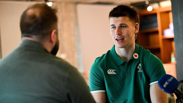 29 January 2026; Sam Prendergast is interviewed by Neil Treacy of RTE during an Ireland Rugby media conference at The Campus in Quinta do Lago, Portugal. Photo by Brendan Moran/Sportsfile