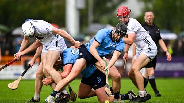 Players contest possession during the GAA Hurling All-Ireland Senior Championship Round 1 match between Kildare and Dublin at Cedral St Conleth's Park in Newbridge, Kildare