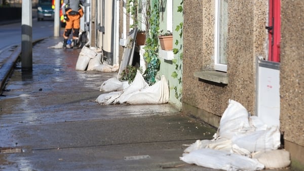 Sandbags piled against doorways in Enniscorthy after the River Slaney burst its banks.